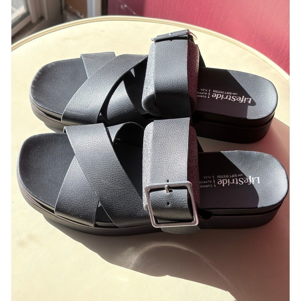 LifeStride Womens Black Getaway Crisscross Buckle Platform Sandals 7.5